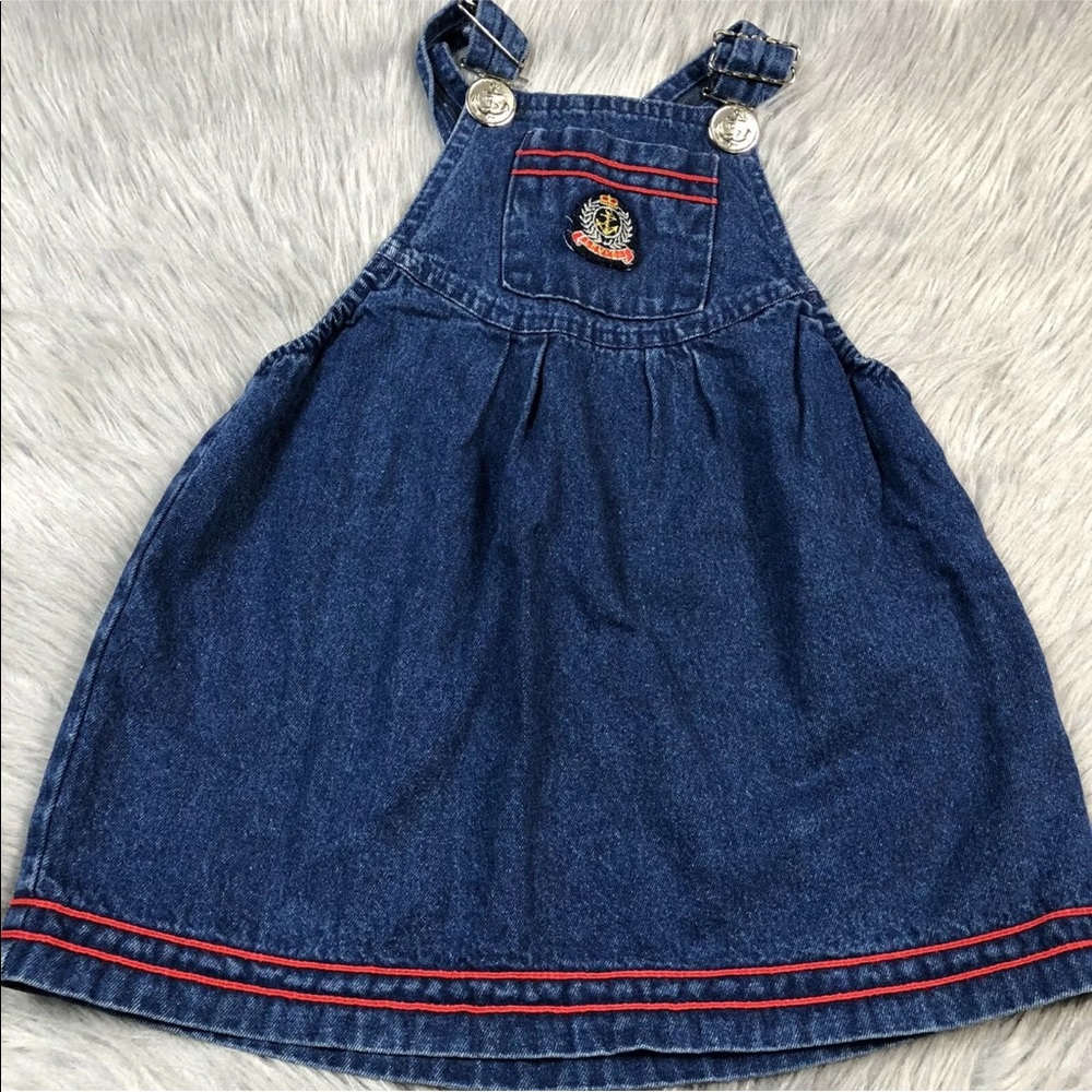 Vintage Levis Girls Blue Red Denim Jumper Dress Made USA